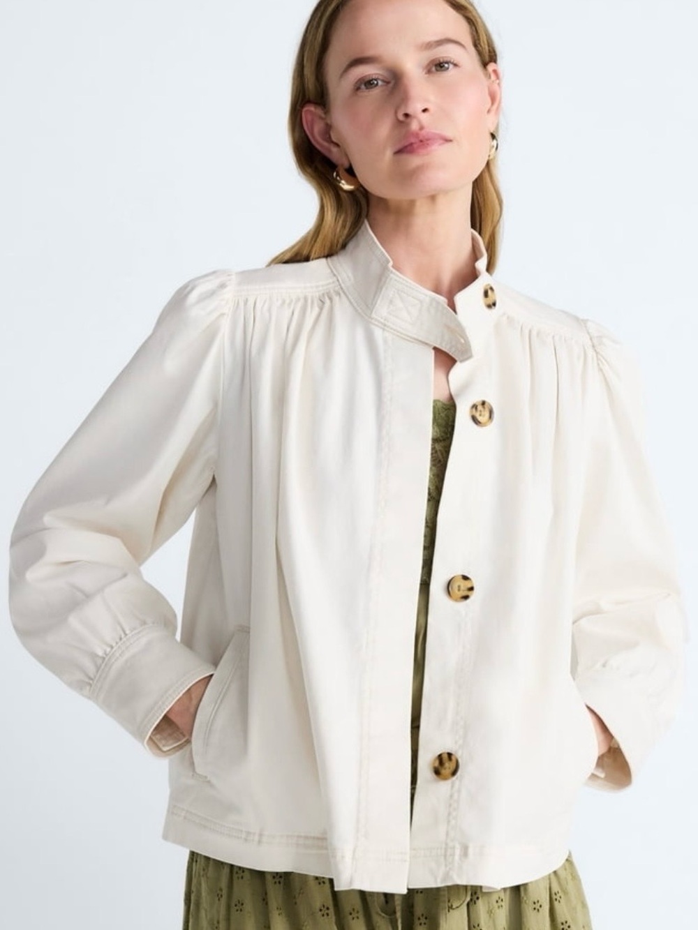 Stand-Collar Cream Utility Jacket with Tortoiseshell Buttons